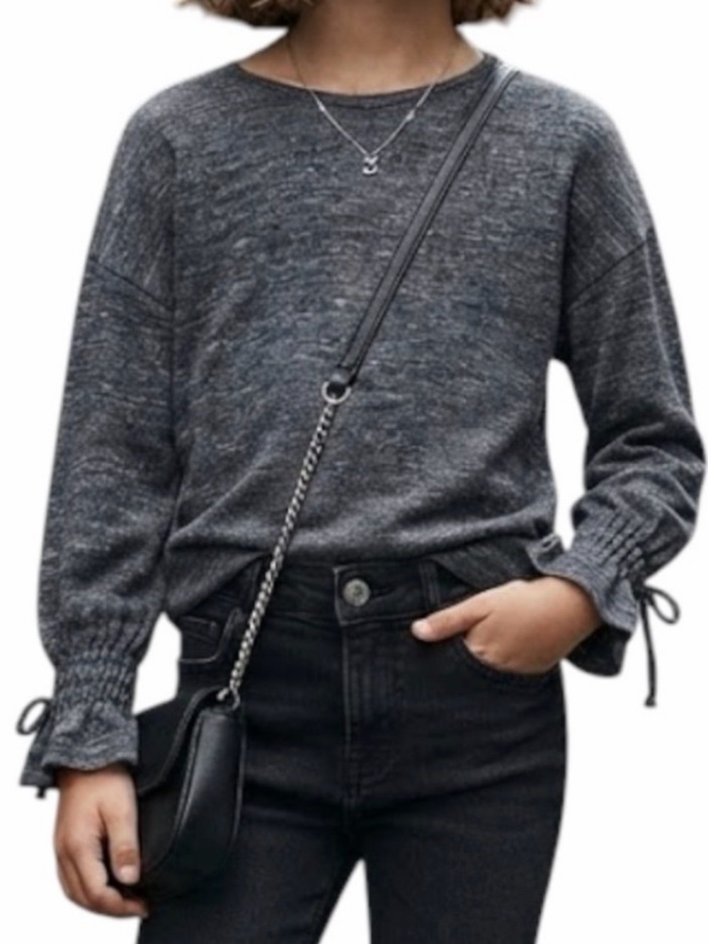 ZARA Kids Bohemian Preppy Y2K Heathered Grey Knotted Cuff Long Sleeve Top 13-14Y